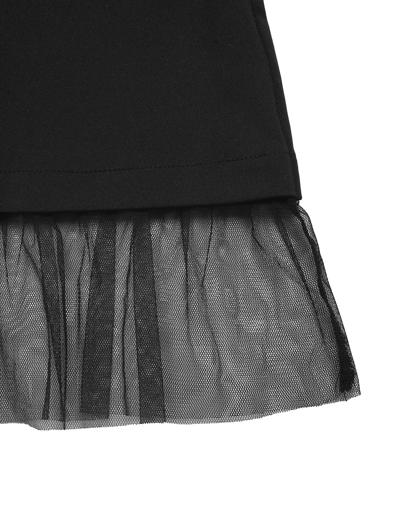 Black Tulle-Trimmed Long-Sleeved Dress
