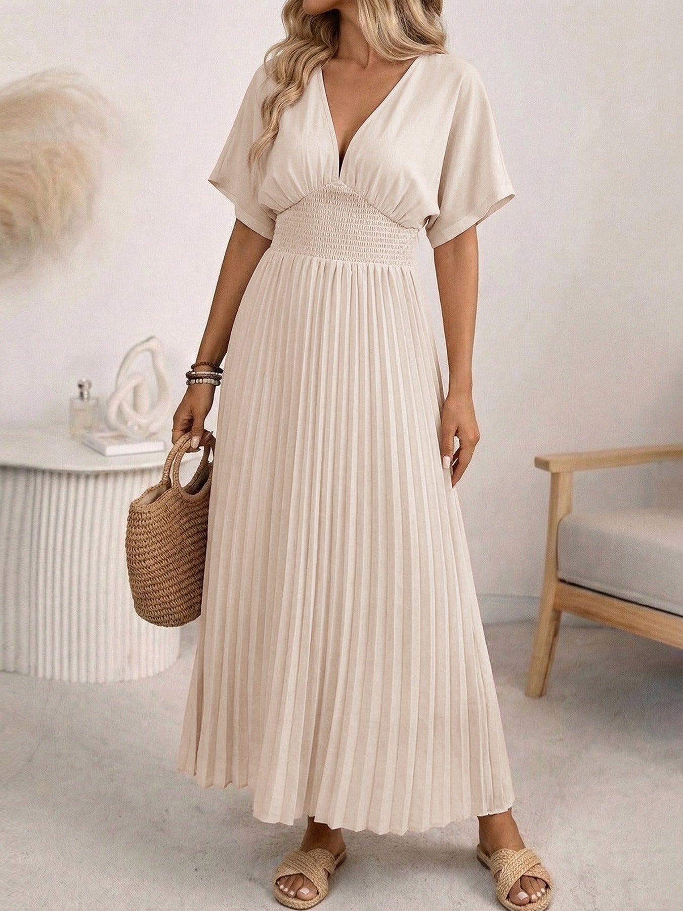 V-Neck Pleated Maxi Dress With Batwing Sleeves