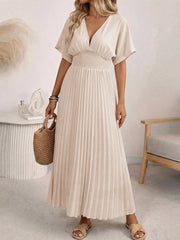 V-Neck Pleated Maxi Dress With Batwing Sleeves