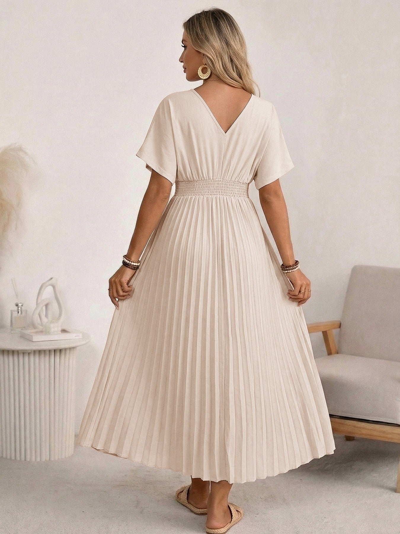 V-Neck Pleated Maxi Dress With Batwing Sleeves