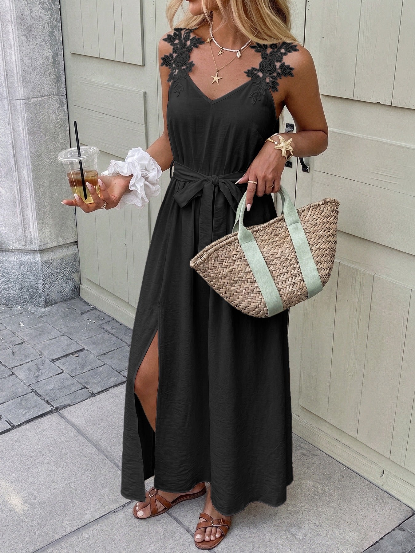 Floral Tie-Waist Slit Dress