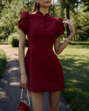 Stand-Up Collar Puffed-Sleeve Dress