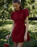 Stand-Up Collar Puffed-Sleeve Dress