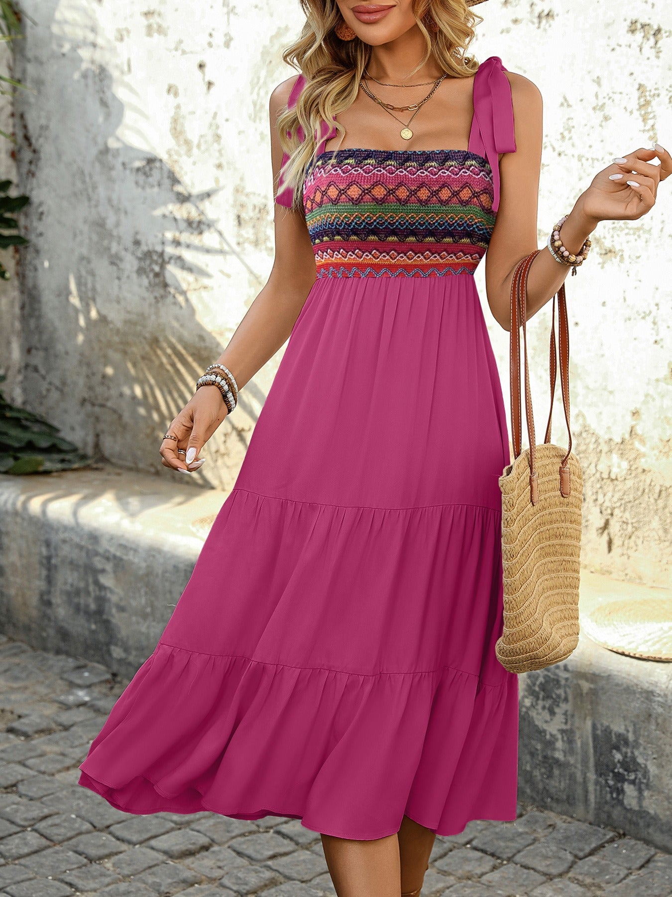 Ethnic Style Knit Patchwork Suspender Maxi Dress