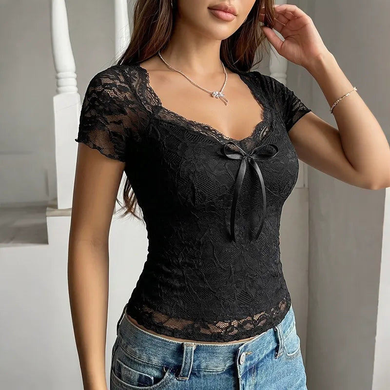 Slim-Fit Lace-Panel Pullover T-Shirt