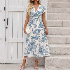 Blue And White Landscape-Print Midi Skirt