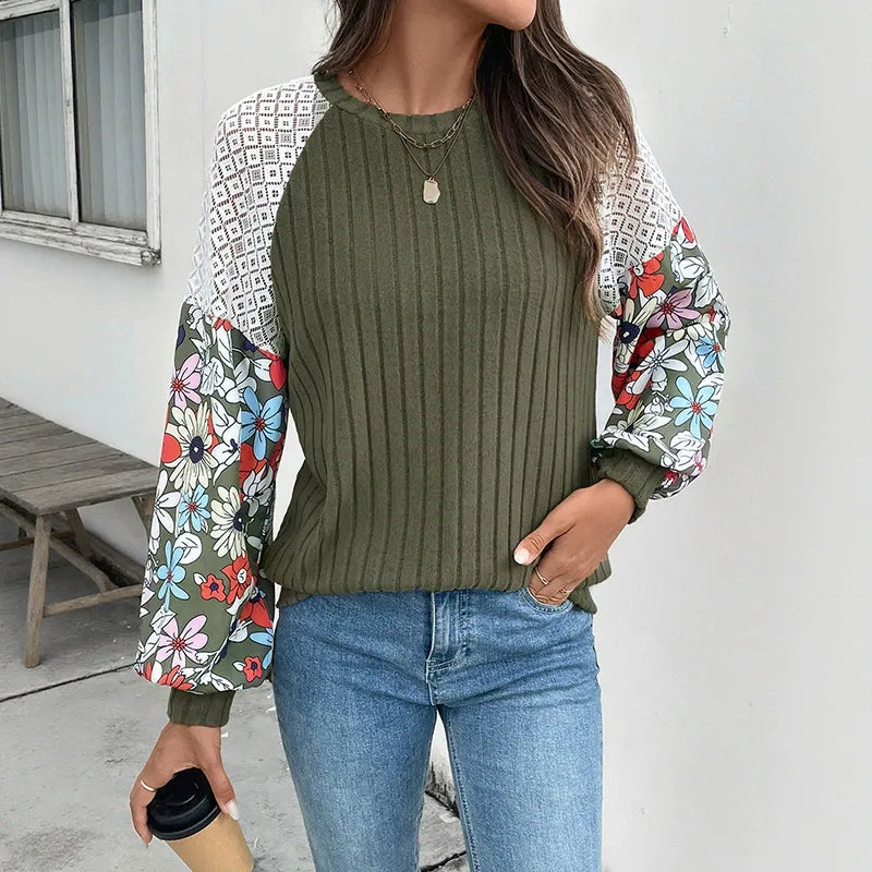 Floral Raglan Sleeve Patchwork Sweater Shirt