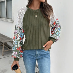 Floral Raglan Sleeve Patchwork Sweater Shirt