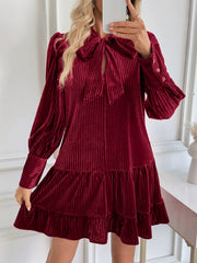 Red Velvet Lantern-Sleeve Dress