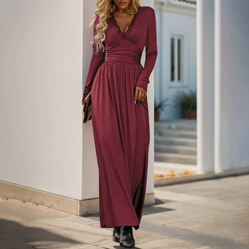 V-Neck Lace-Insert Wrap-Front Dress