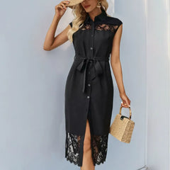 Classic Sleeveless Lace Dress With Collar