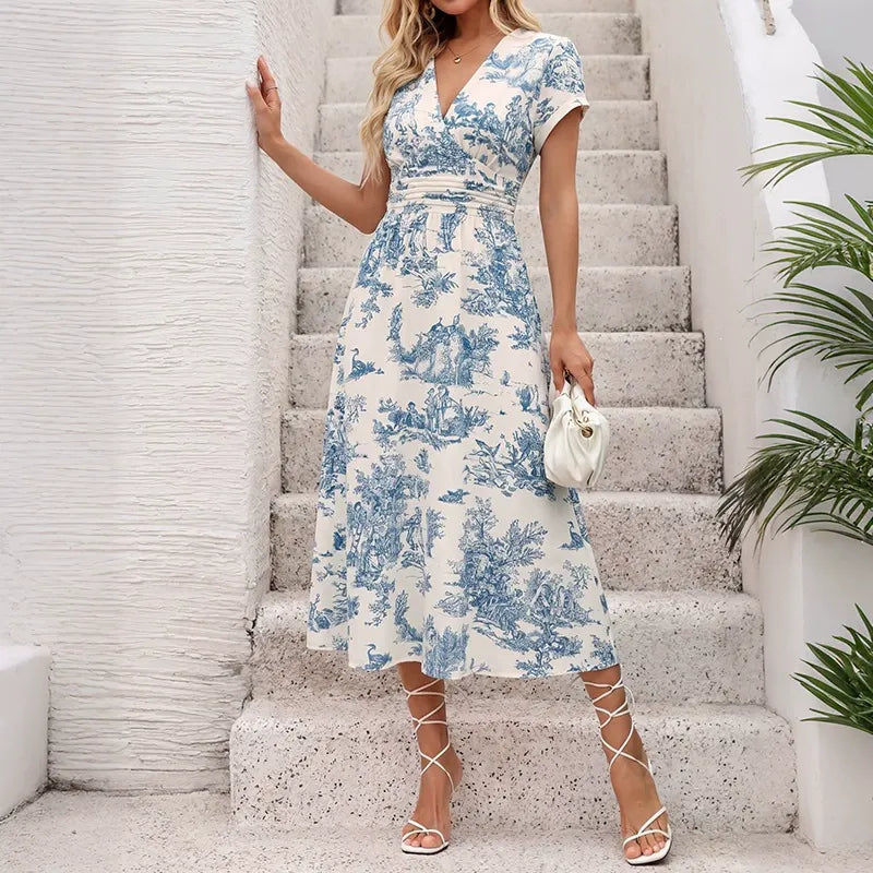 Blue And White Landscape-Print Midi Skirt