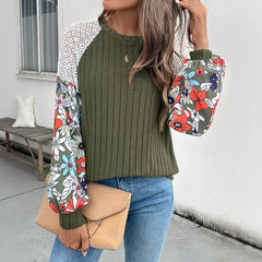 Floral Raglan Sleeve Patchwork Sweater Shirt
