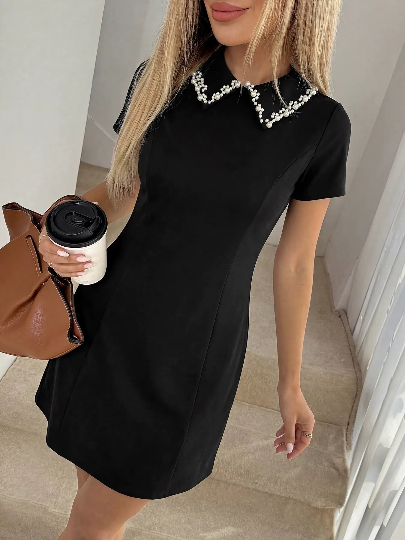 Classic Pearl-Detailed Black Mini Dress