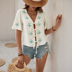 Embroidered Cardigan Top With Bow-Tie Detail