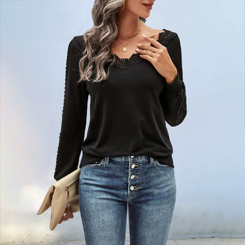 Solid-Color Lace V-Neck Long-Sleeve T-Shirt