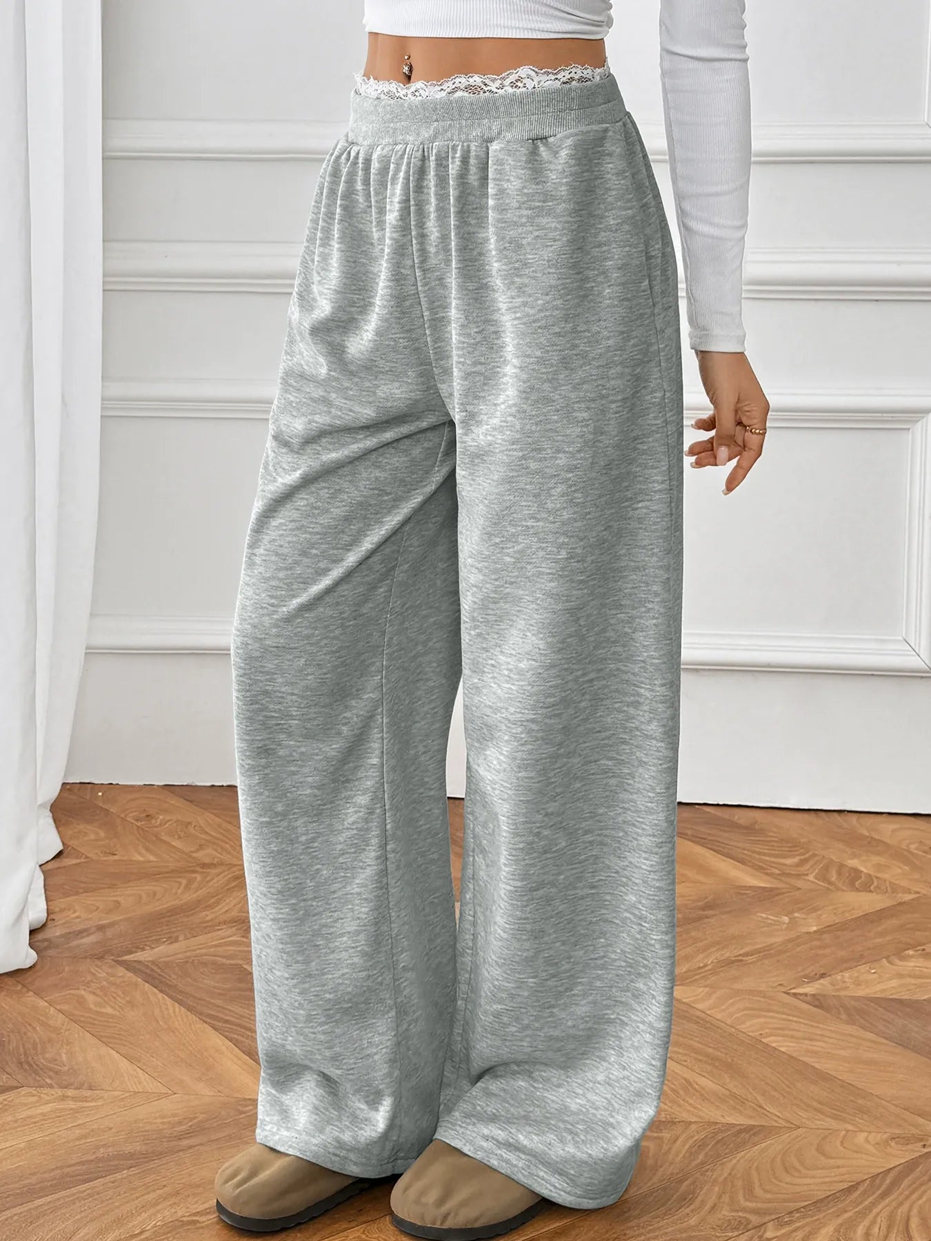Lace Faux Two-Piece Straight Leg Trousers