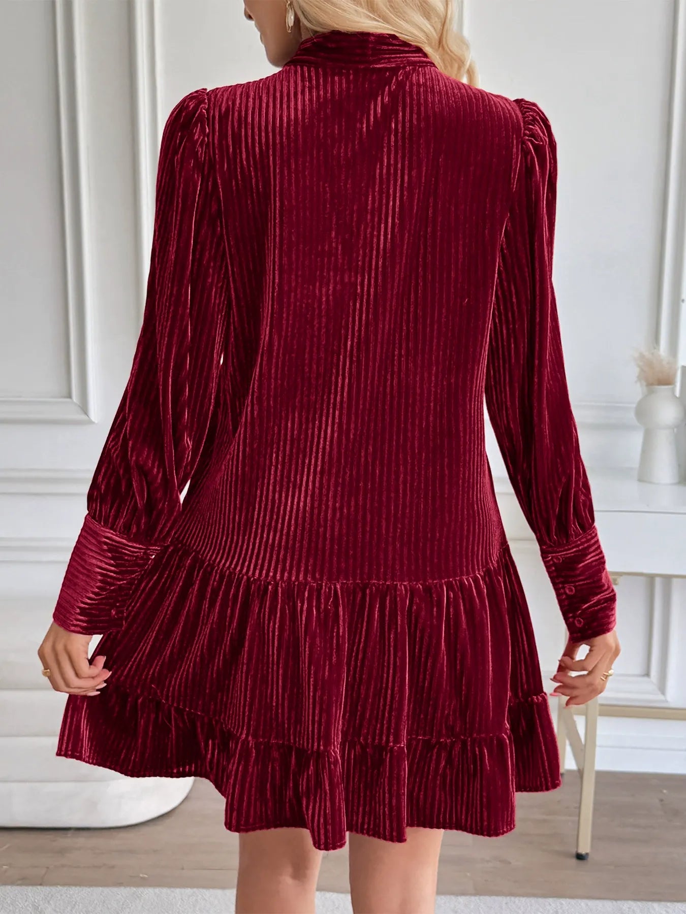 Red Velvet Lantern-Sleeve Dress