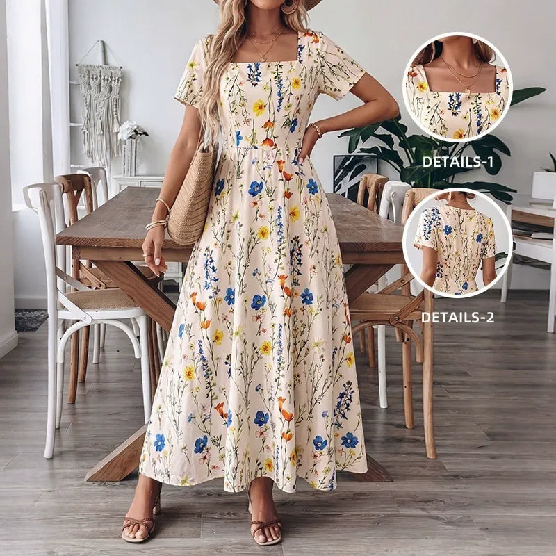 Waist-Cinching Short-Sleeve Floral Dress