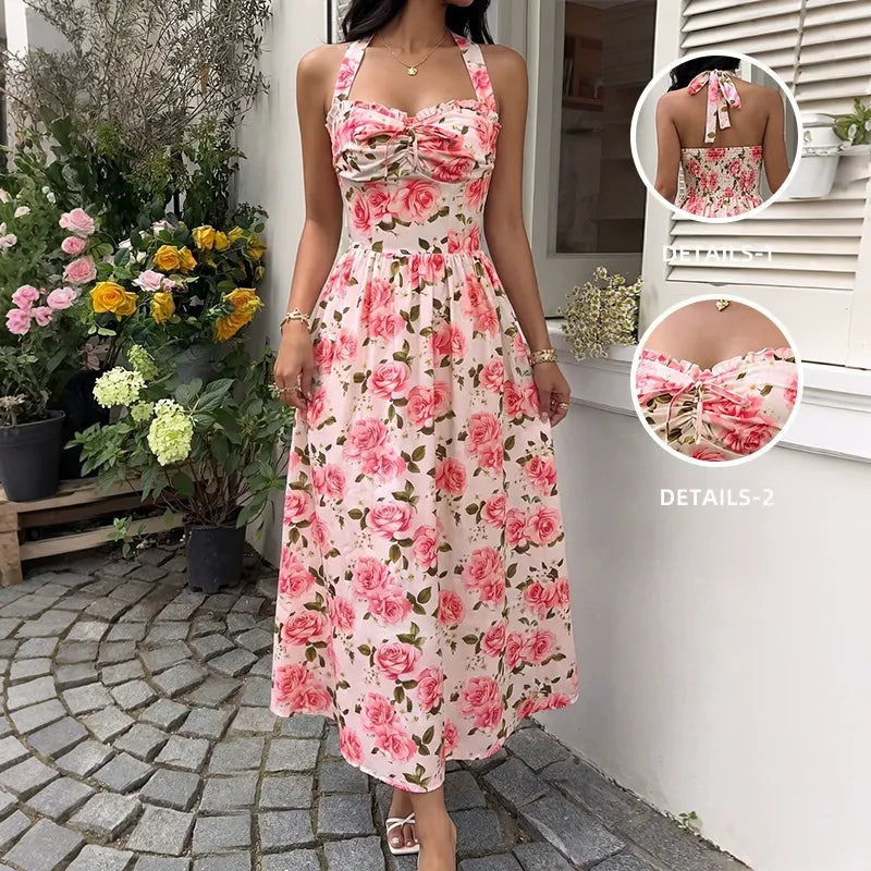 Romantic Pink Rose-Print Halter Maxi Dress