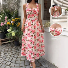 Romantic Pink Rose-Print Halter Maxi Dress