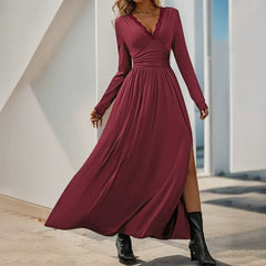 V-Neck Lace-Insert Wrap-Front Dress