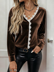 Lace-Trimmed V-Neck Velvet Shirt For Women