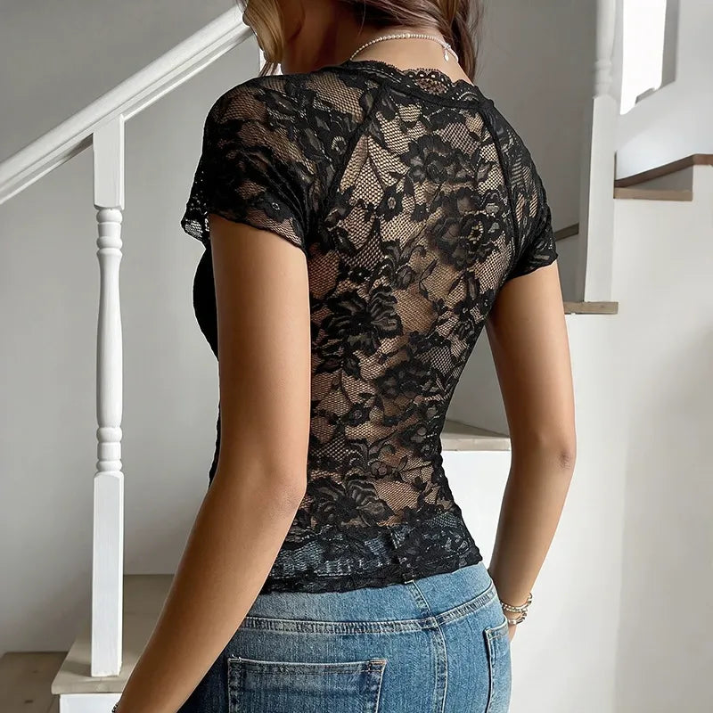 Slim-Fit Lace-Panel Pullover T-Shirt