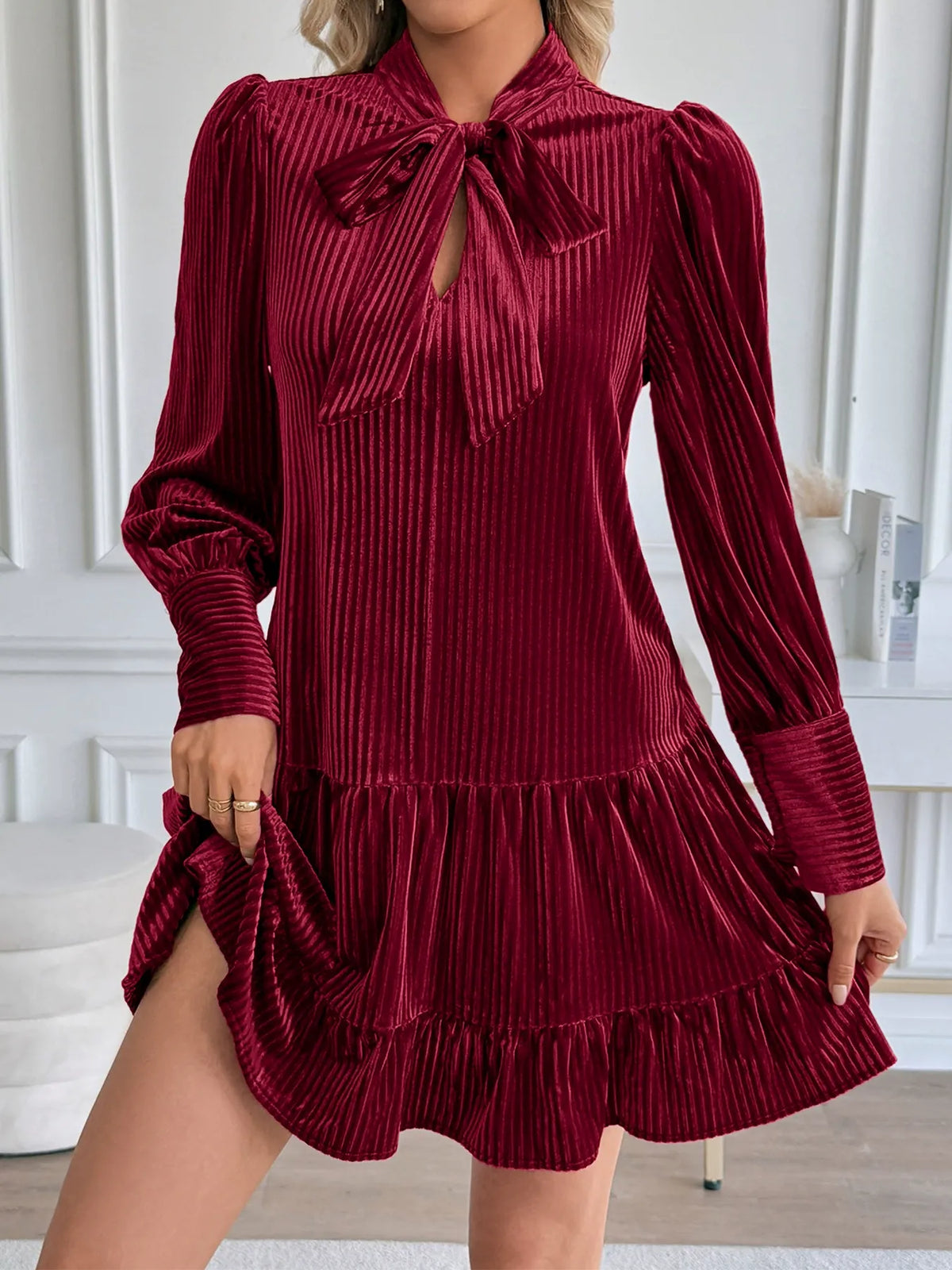 Red Velvet Lantern-Sleeve Dress