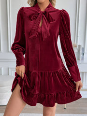 Red Velvet Lantern-Sleeve Dress