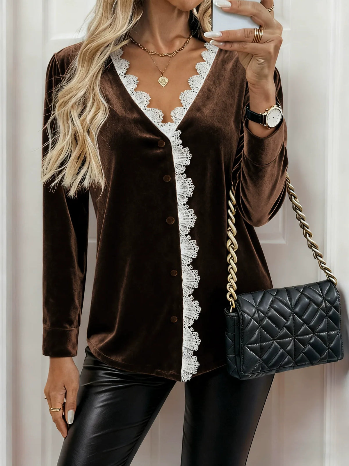Lace-Trimmed V-Neck Velvet Shirt For Women