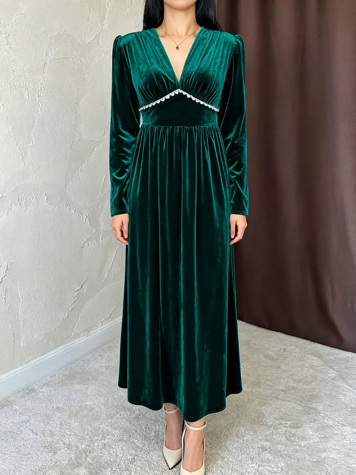 Green Velvet V-Neck Maxi Dress