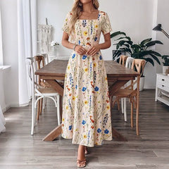 Waist-Cinching Short-Sleeve Floral Dress