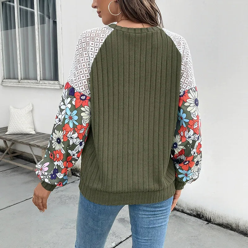 Floral Raglan Sleeve Patchwork Sweater Shirt