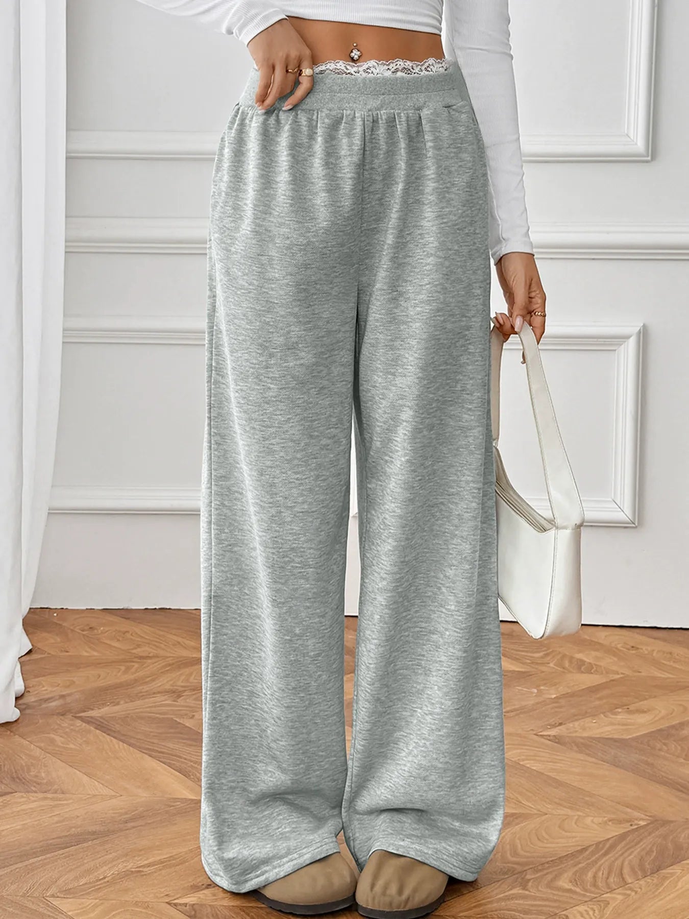 Lace Faux Two-Piece Straight Leg Trousers
