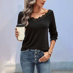 Solid-Color Lace V-Neck Long-Sleeve T-Shirt