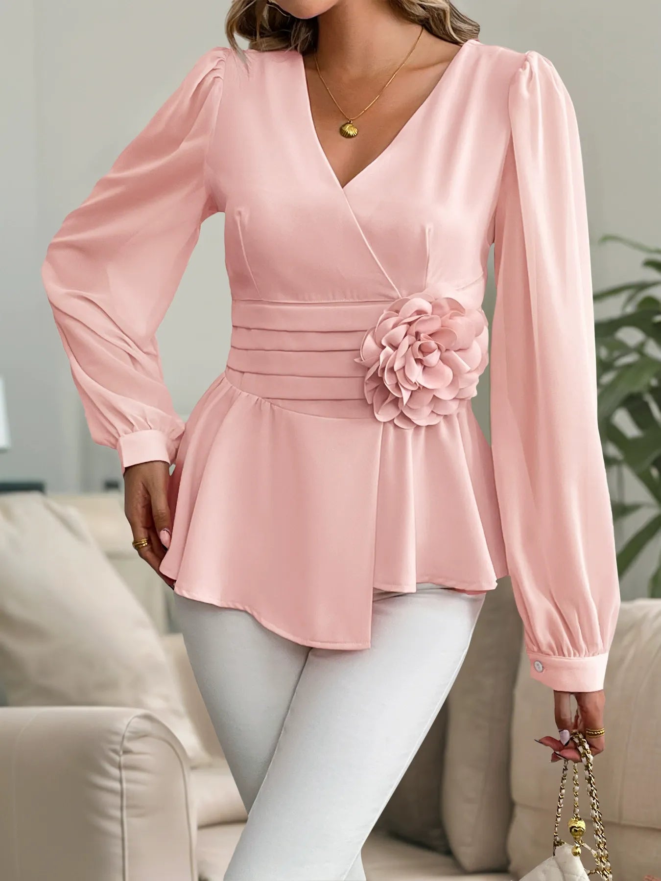 Waist-Cinching V-Neck Blouse with 3D Floral Details