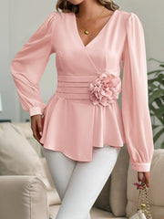 Waist-Cinching V-Neck Blouse with 3D Floral Details