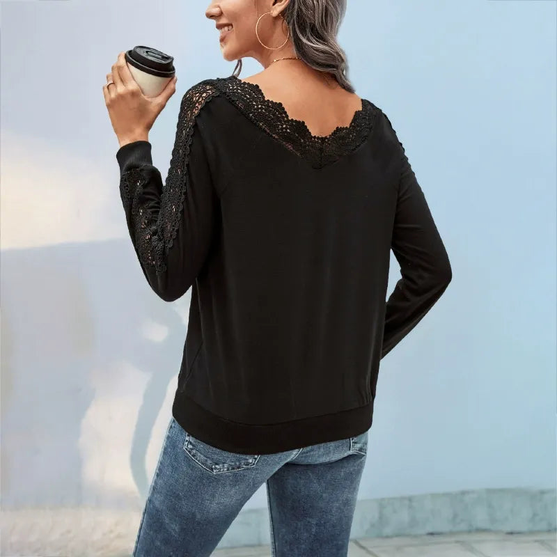 Solid-Color Lace V-Neck Long-Sleeve T-Shirt