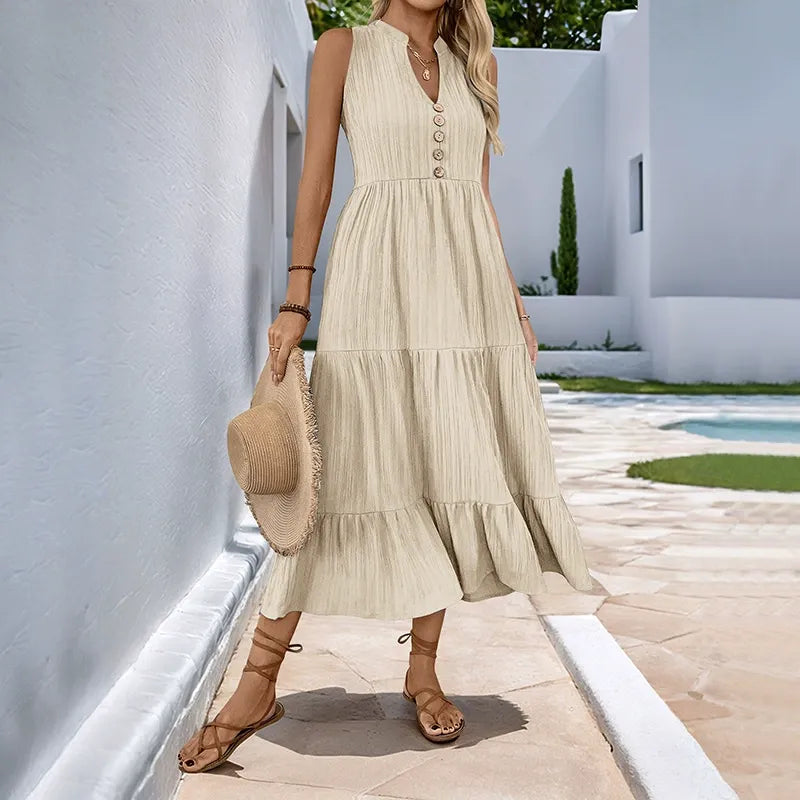Solid-Color V-Neck Textured Dress