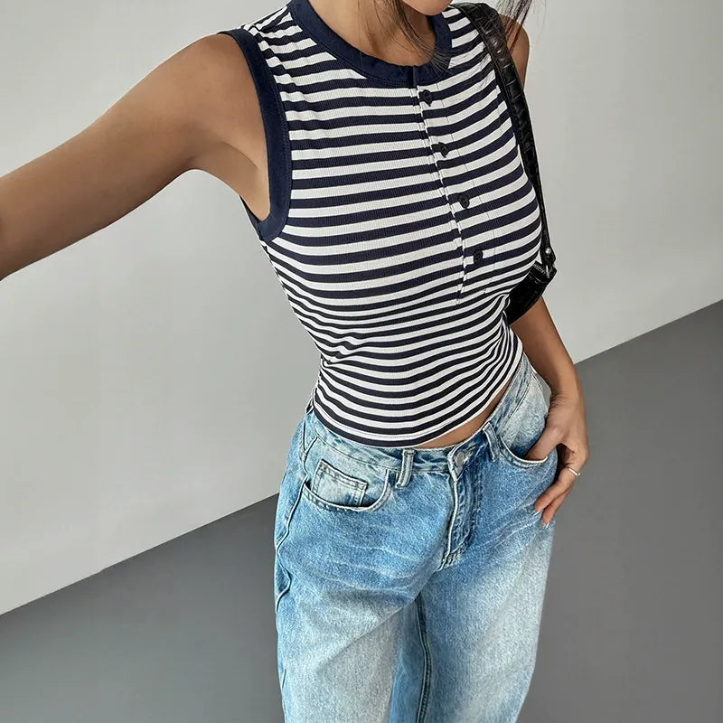 Striped Sleeveless Cropped Knit Top
