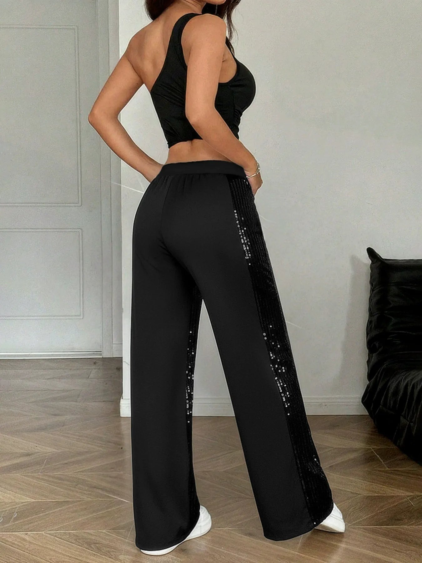 Elastic Waist Sequined Patchwork Trousers
