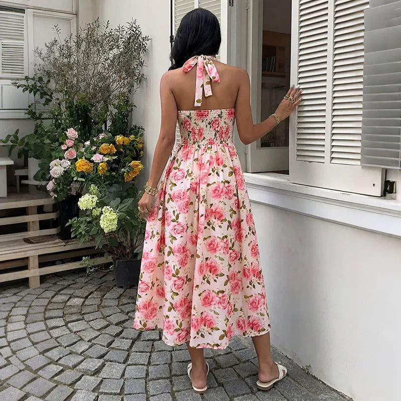 Romantic Pink Rose-Print Halter Maxi Dress