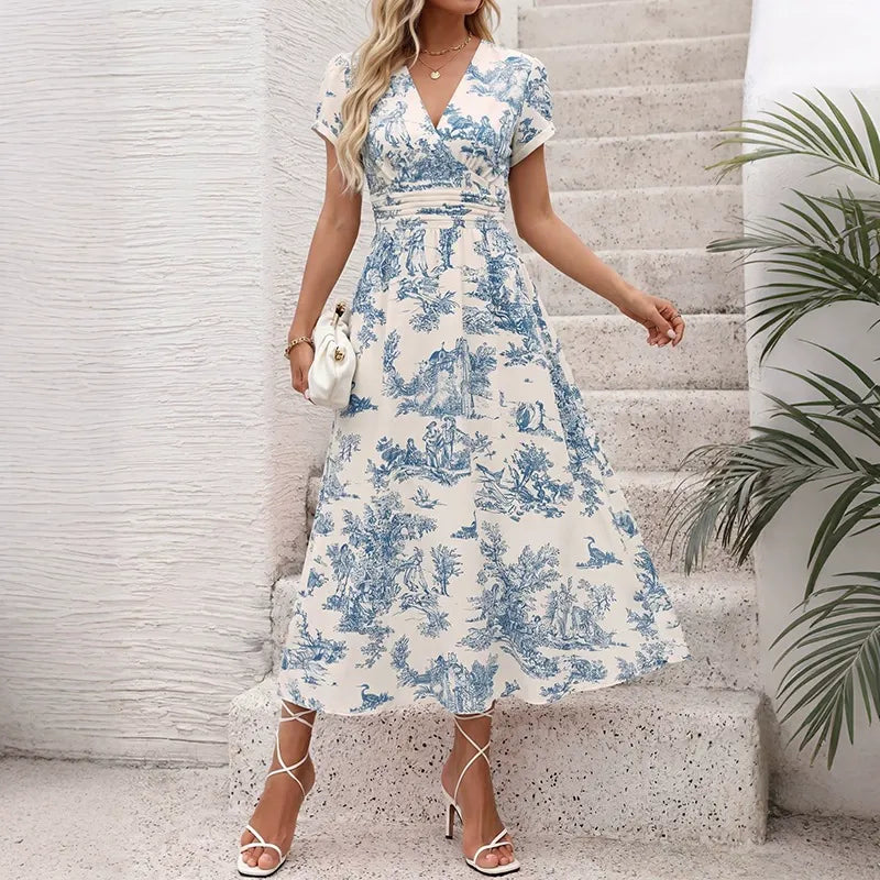 Blue And White Landscape-Print Midi Skirt