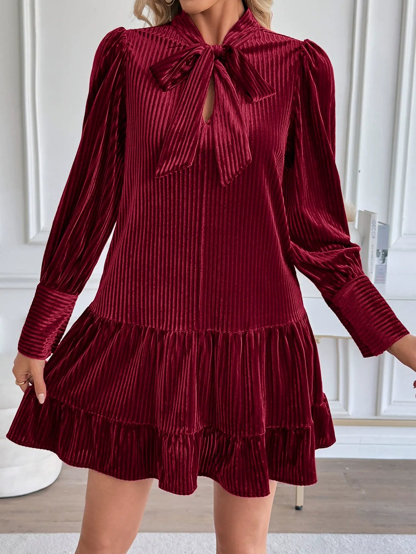 Red Velvet Lantern-Sleeve Dress