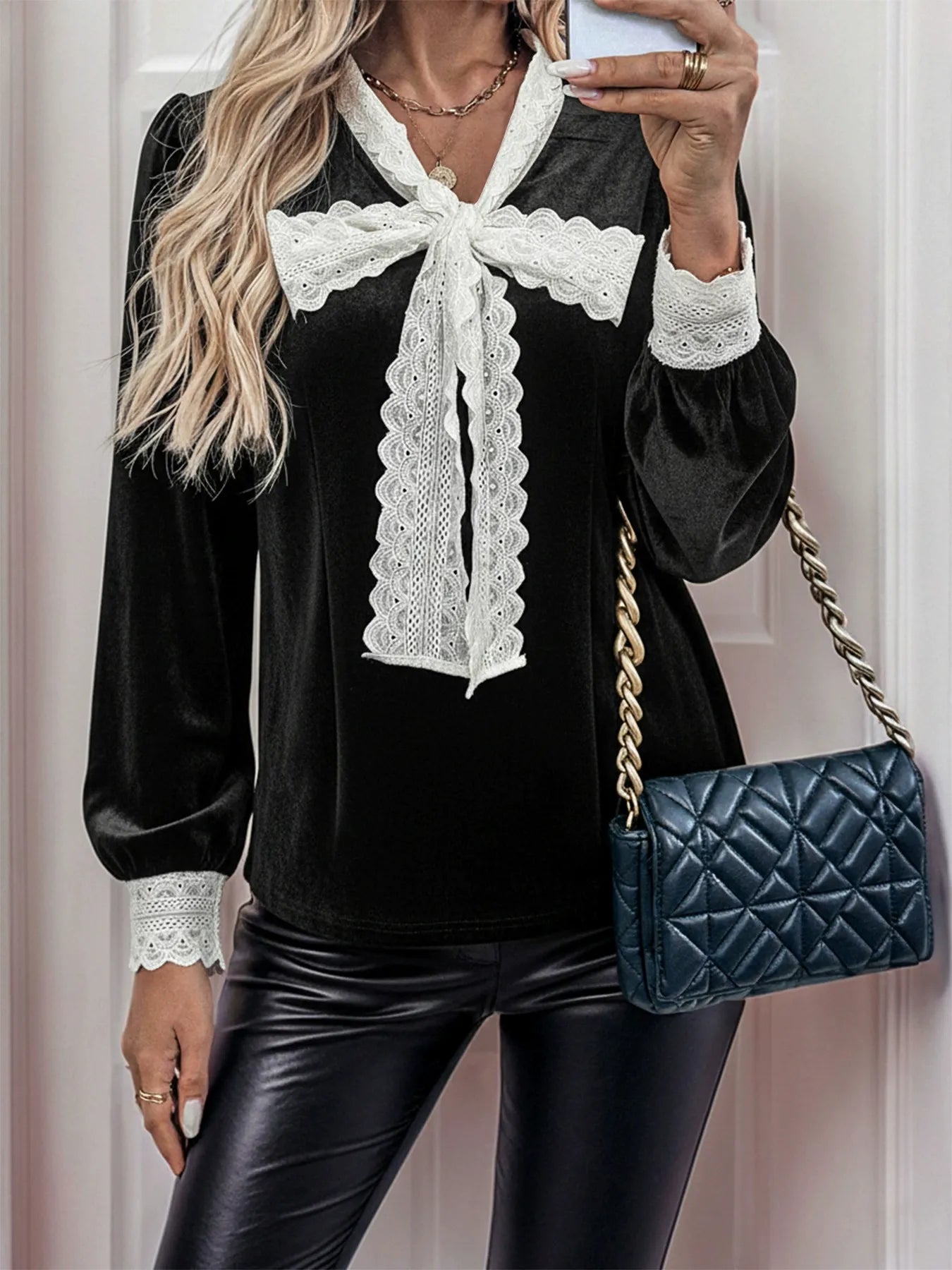 Vintage-Style Lace Bow V-Neck Blouse