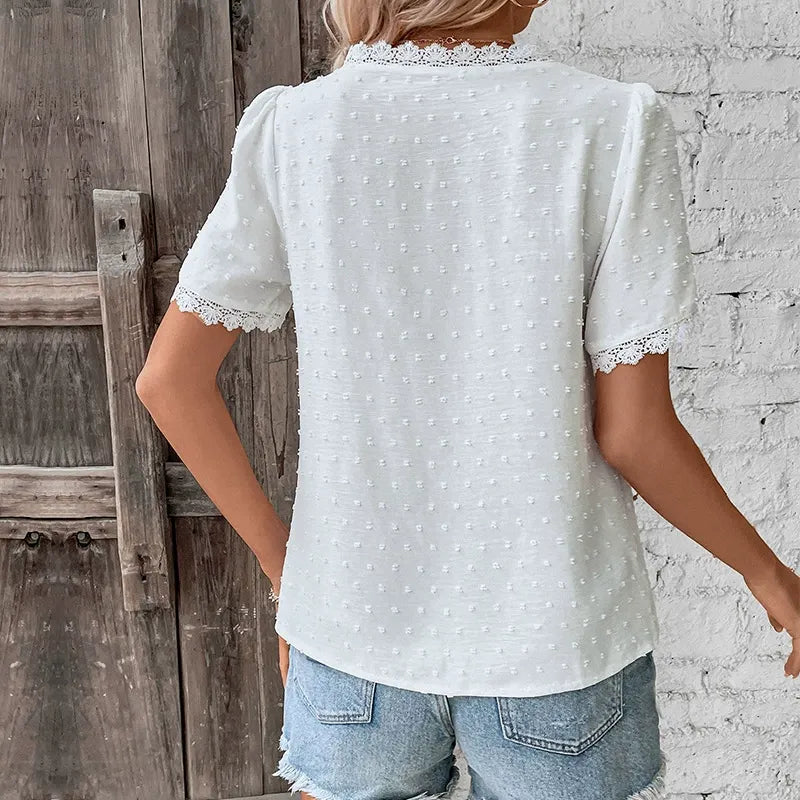 Women's Solid-Color V-Neck Lace-Trimmed Shirt