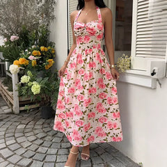 Romantic Pink Rose-Print Halter Maxi Dress