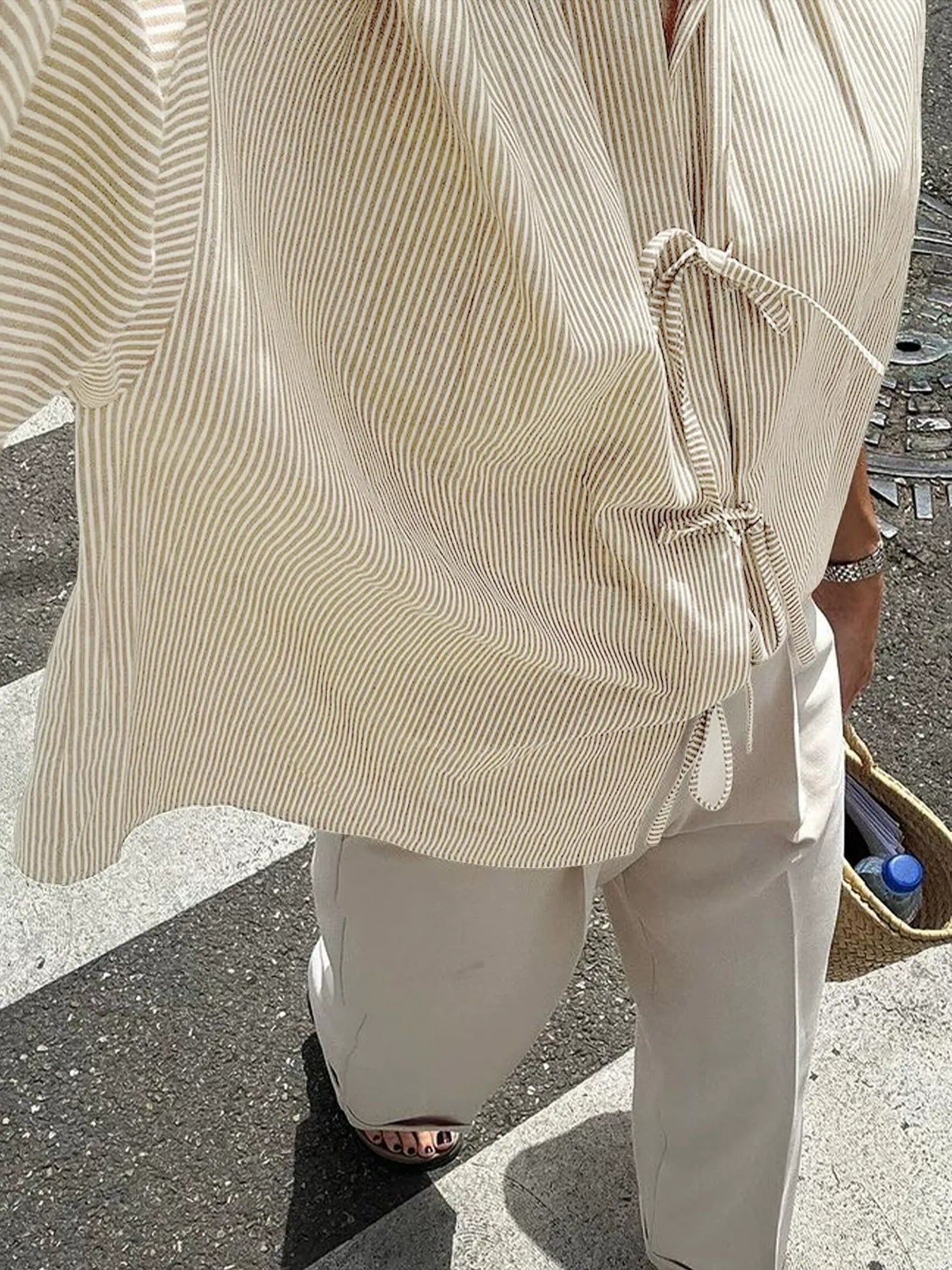 Striped V-Neck Casual Shirt With Tie Detail