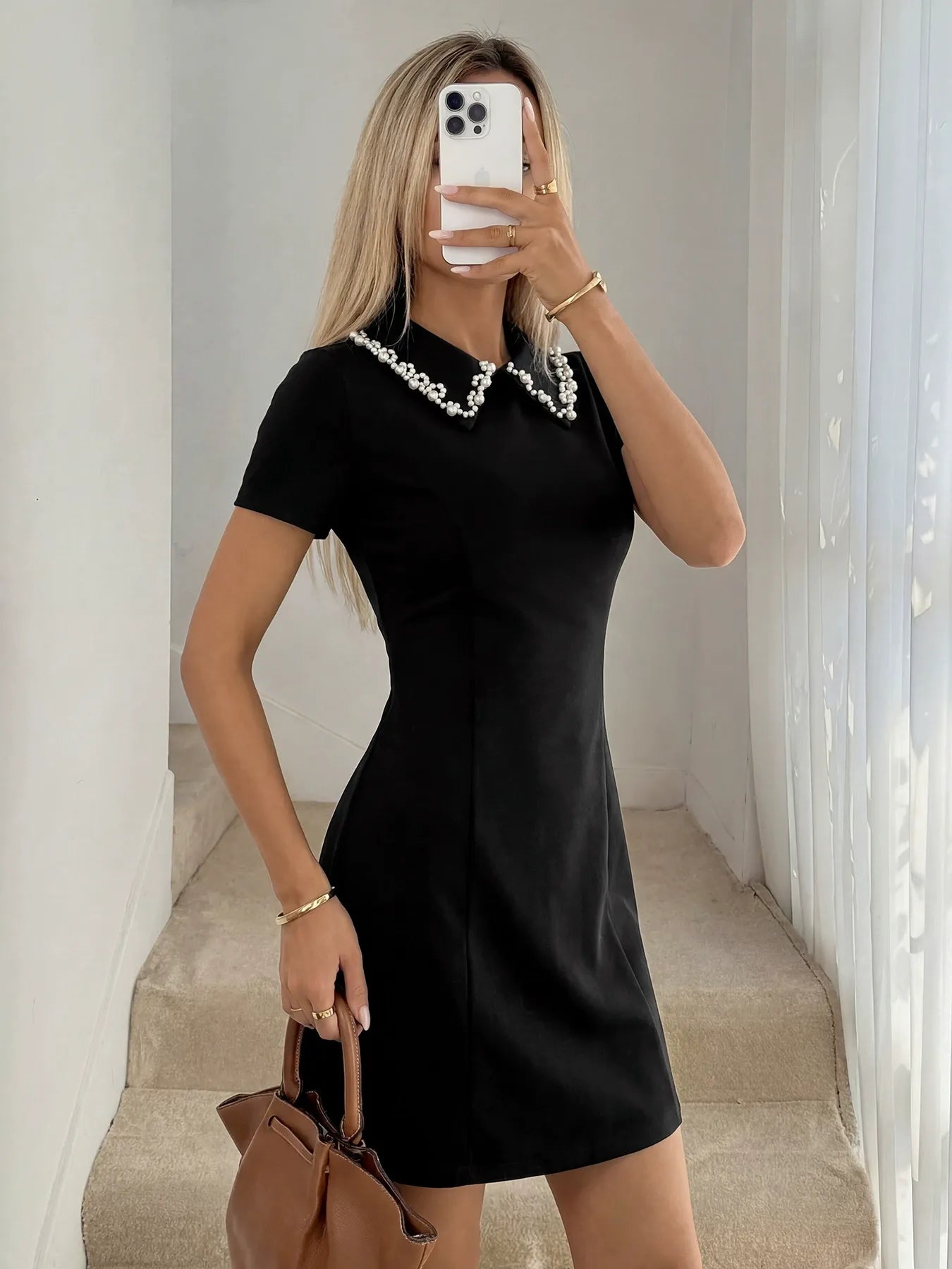 Pearl And Rhinestone Wavy Dress With Neckline